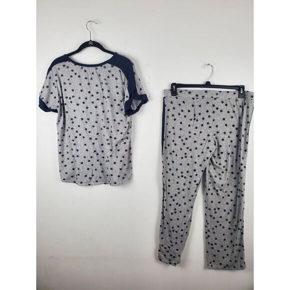 Lucky Brand Pajama Set Large Grey Star Print Grey Blue Cap Sleeve 2 Piece Set Sl - Picture 6 of 8